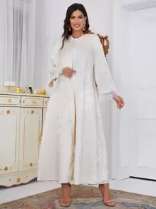 Al Najma Feather Trim Belted Abaya - Beige - View 6