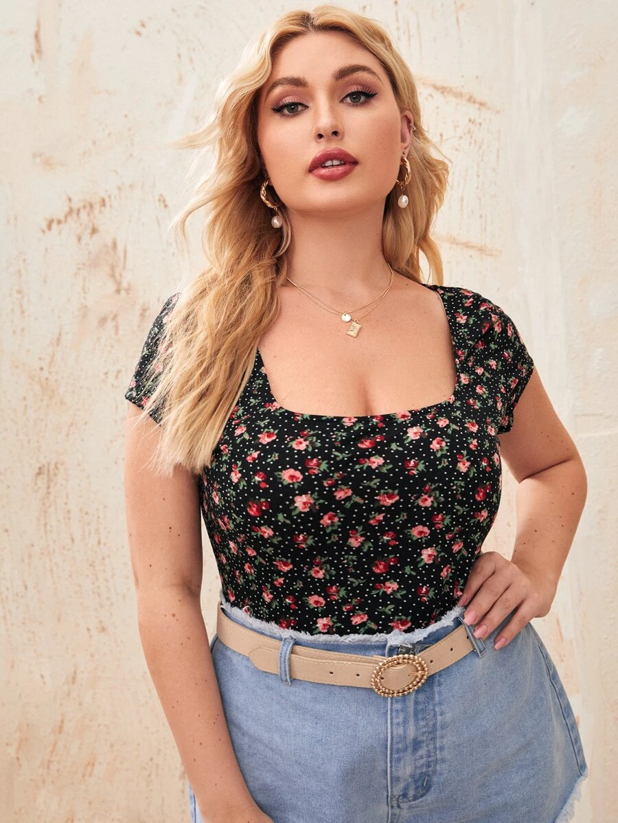 SHEIN Privé Áo thun Plus size Họa tiết hoa Thanh lịch - Nhiều màu - Xem 1