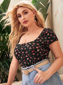 SHEIN Privé Áo thun Plus size Họa tiết hoa Thanh lịch - Nhiều màu - Xem 5