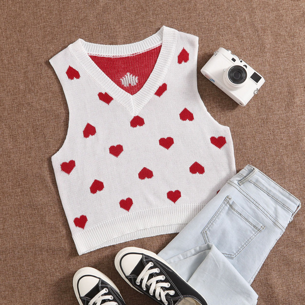 

V Neck Heart Pattern Sweater Vest, Red and white