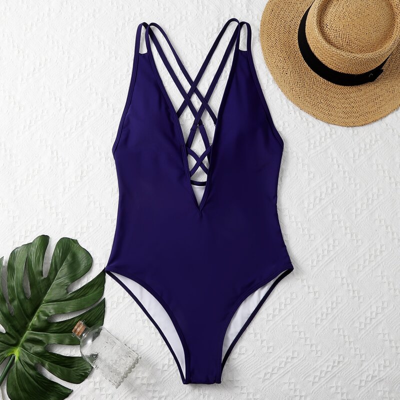 

Criss Cross Plunging One Piece Swimsuit, Navy blue