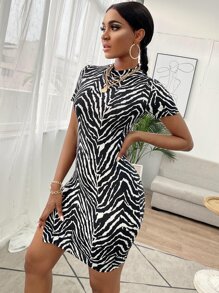 SHEIN SXY Mock Neck Slit Hem Zebra Stripe Bodycon Dress - Black and White - View 3