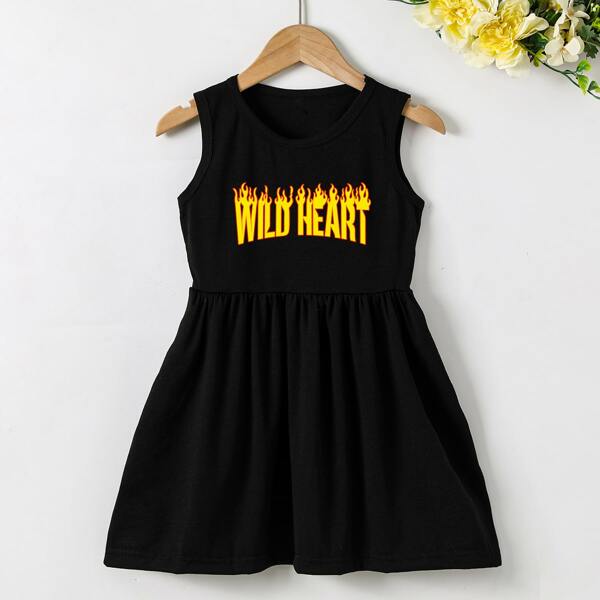 

Girls Letter And Heart Print Smock Dress, Black