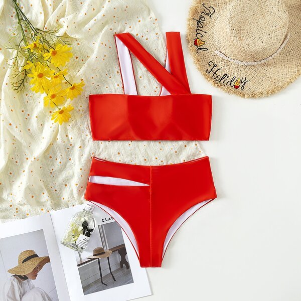 

Cut-out Asymmetrical Neck Bikini Swimsuit, Red