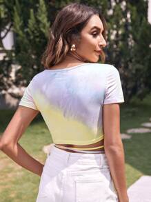 SHEIN VCAY Tie Dye Criss Cross Tie Front Crop Tee