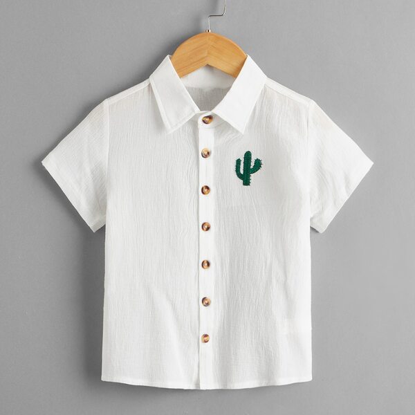 

Toddler Boys Cactus Embroidery Button Front Shirt, White