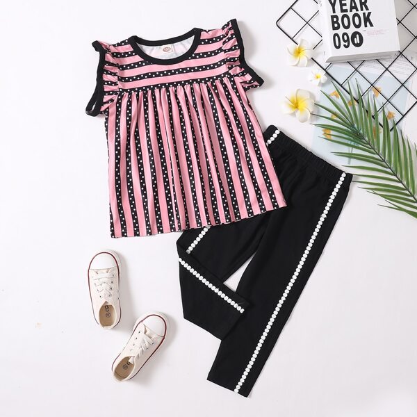 

Toddler Girls Striped Ringer Top With Lace Insert Leggings, Multicolor