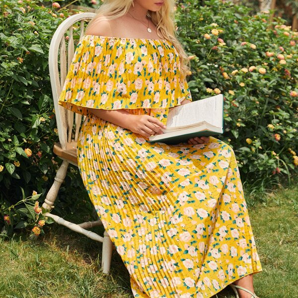 

Plus Floral Print Belted Bardot Pleated Dress, Yellow