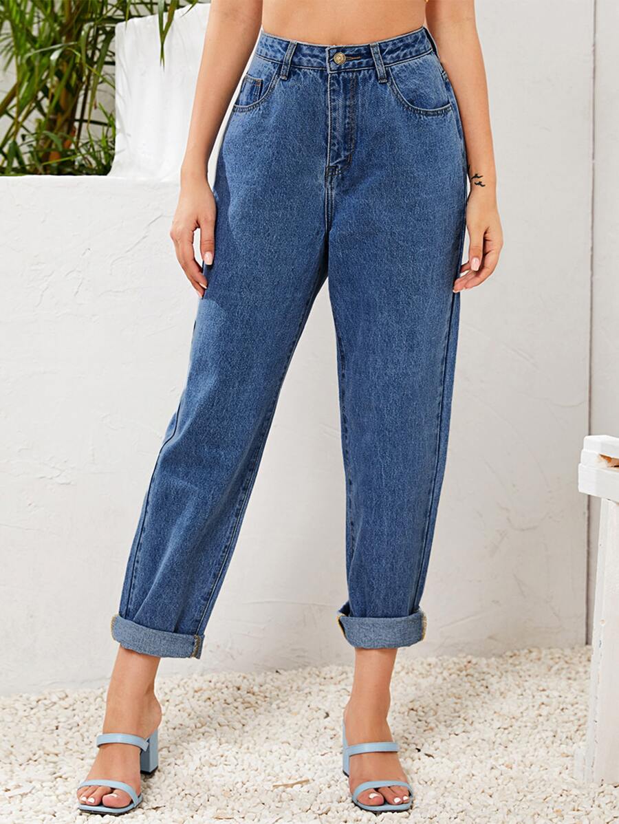 High Waist Straight Leg Jeans - Medium Wash - View 1