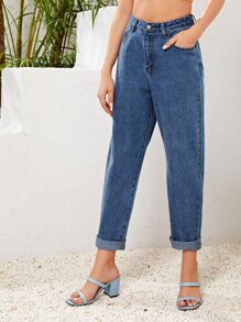High Waist Straight Leg Jeans - Medium Wash - View 4