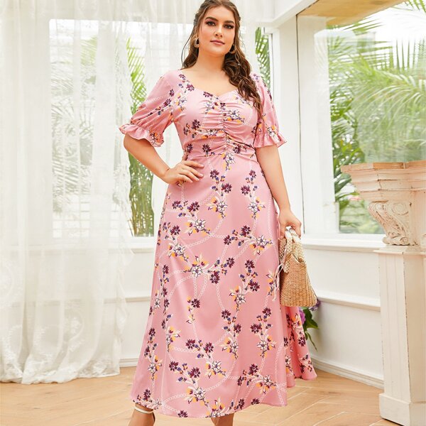 

Plus Floral Sweetheart Ruched Front Dress, Pink