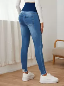 SHEIN Maternity Wide Waistband Ripped Detail Skinny Jeans - Medium Wash - View 2