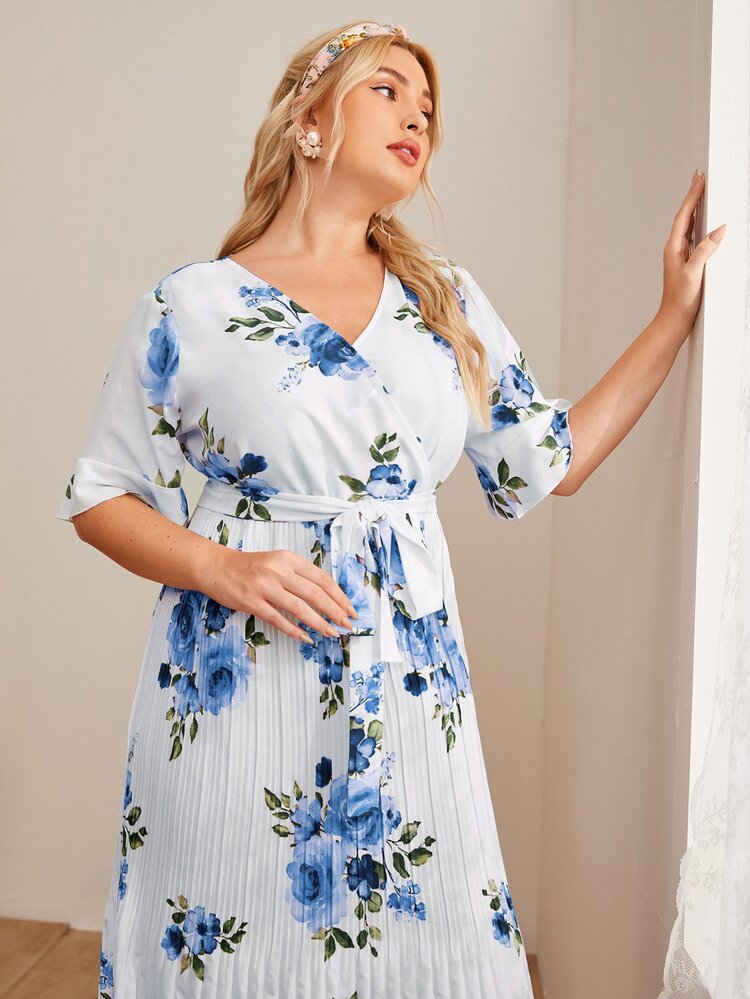 大碼花卉圖案百褶腰帶A型洋裝 - 藍白色 - 查看 4