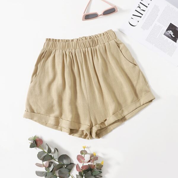 

Solid Roll Hem Shorts, Khaki