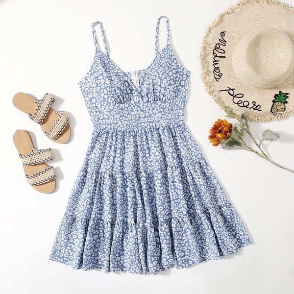 

Allover Print Ruffle Hem Cami Dress, Blue