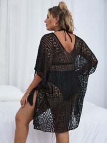 Swim Lushoire Summer Beach Plus Knitted Hollow Out Cover Up - Black - View 2