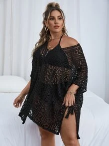 Swim Lushoire Summer Beach Plus Knitted Hollow Out Cover Up - Black - View 3