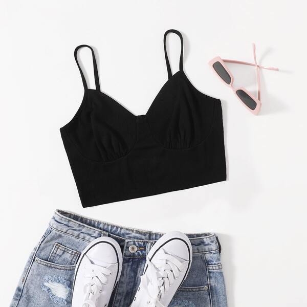 

Solid Ruched Bust Crop Cami Top, Black