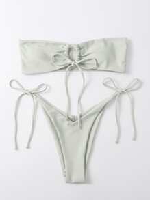 Bikini con parte superior bandeau y lazos laterales para vacaciones de verano en la playa - verde menta - Ver 1