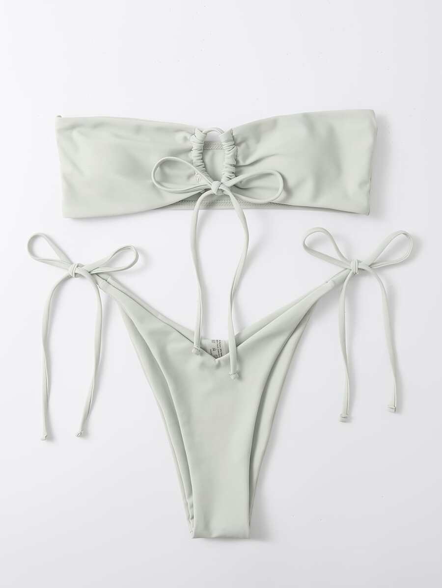 Bikini con parte superior bandeau y lazos laterales para vacaciones de verano en la playa - verde menta - Ver 1