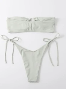 Bikini con parte superior bandeau y lazos laterales para vacaciones de verano en la playa - verde menta - Ver 2