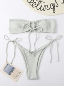 Bikini con parte superior bandeau y lazos laterales para vacaciones de verano en la playa - verde menta - Ver 3