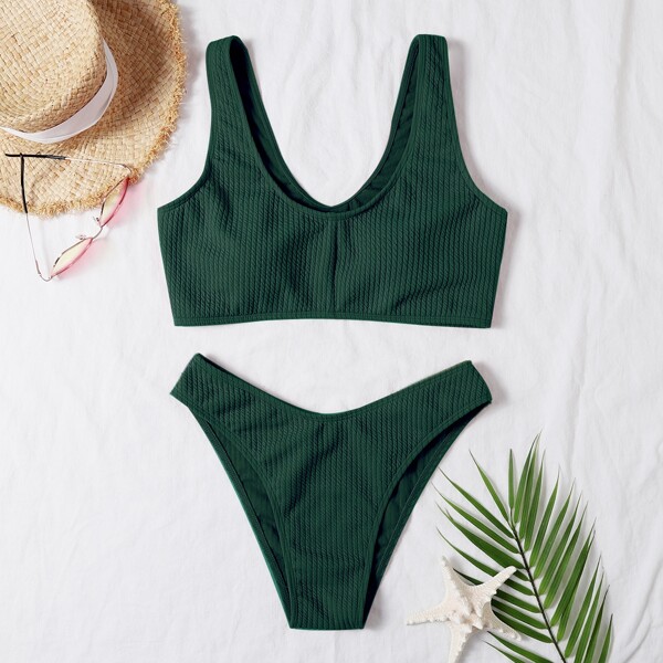

Plain Textured Bikini Swimsuit, Dark green