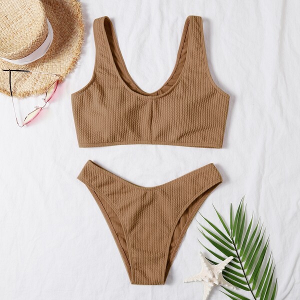 

Plain Textured Bikini Swimsuit, Khaki