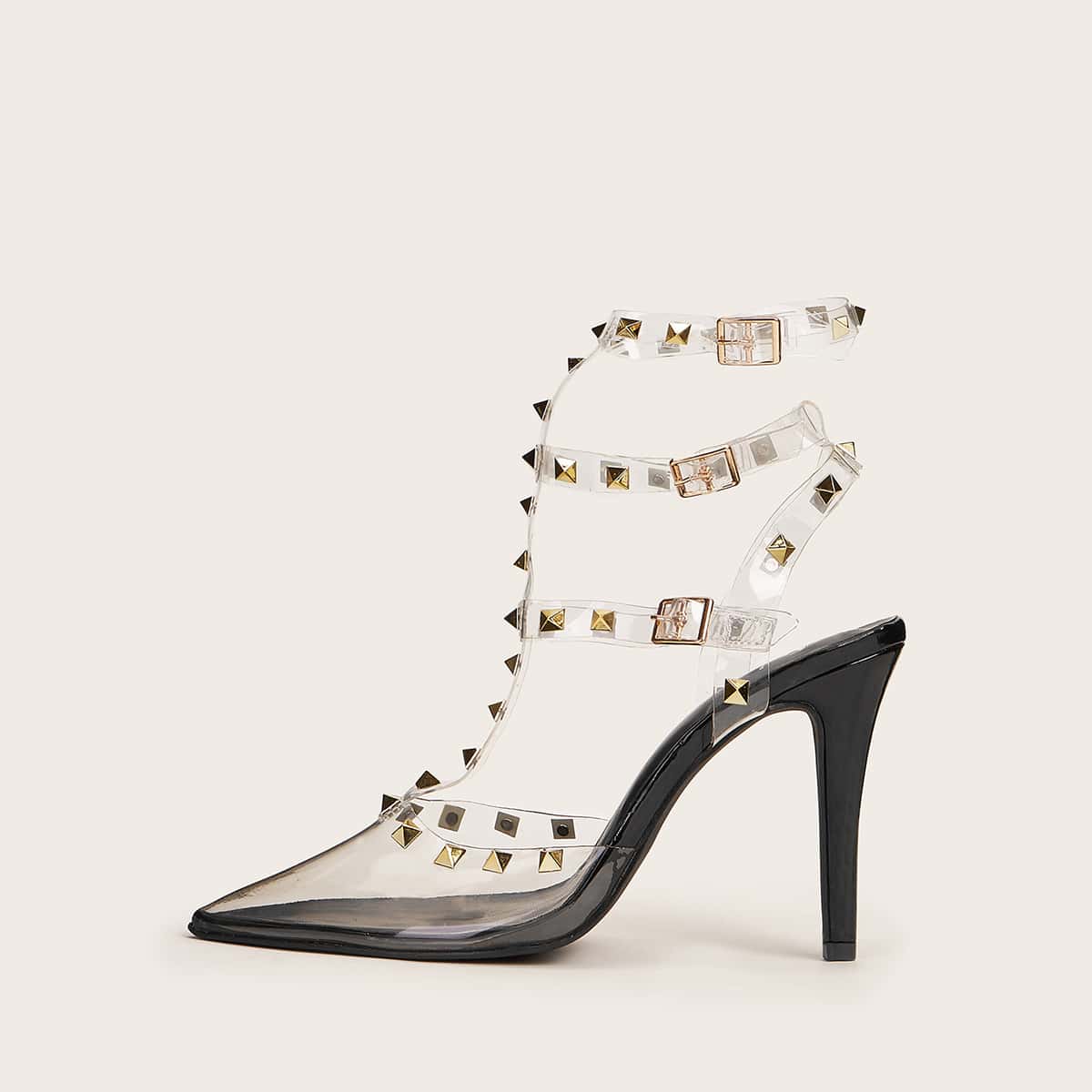 

Studded Decor T Strap Pointed Toe Heels, Black