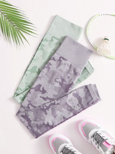 2 طقم سروال رياضي مطاطي قابل للشد كامل بطبعة الكامو