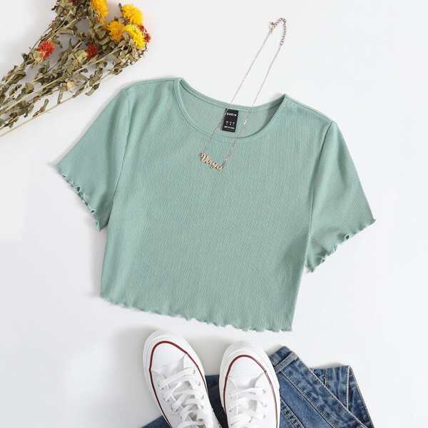 

Lettuce Trim Rib-knit Tee, Mint green