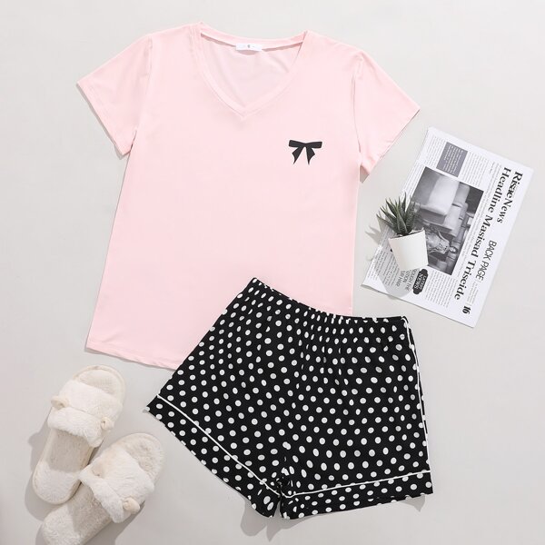 

Bow Print Tee & Polka Dot Shorts Pajama Set, Multicolor