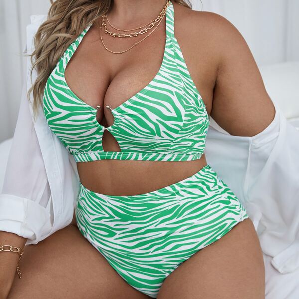 

Plus Zebra Stripe Ring Linked Bikini Swimsuit, Green