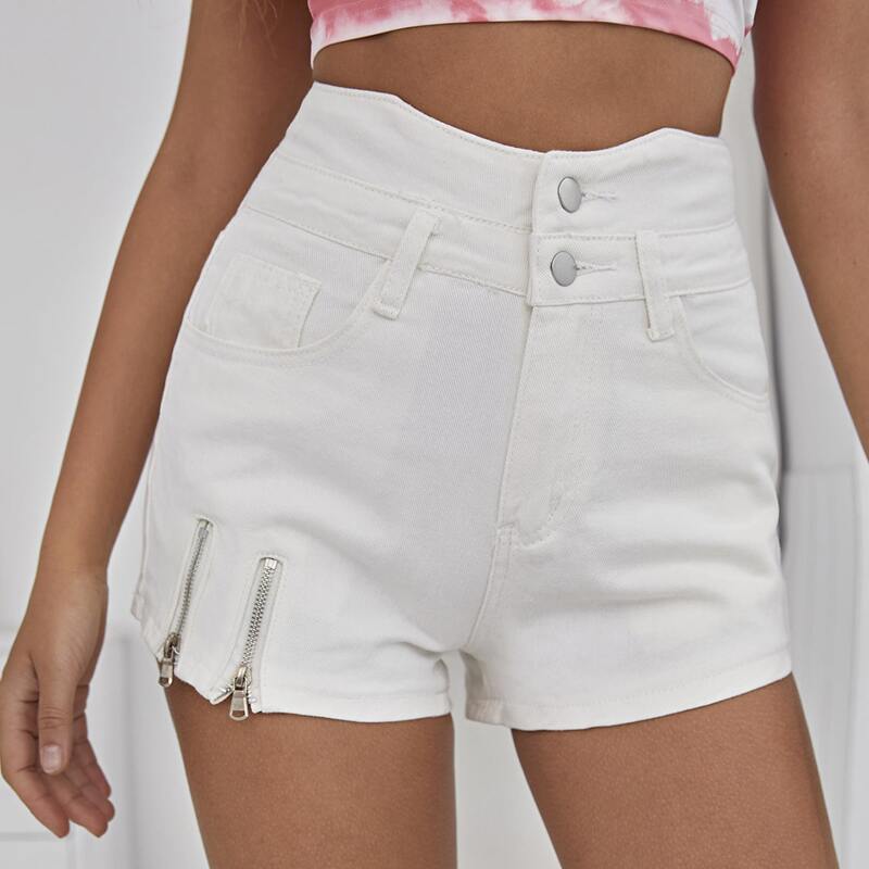 

High Waist Zip Detail Denim Shorts, White