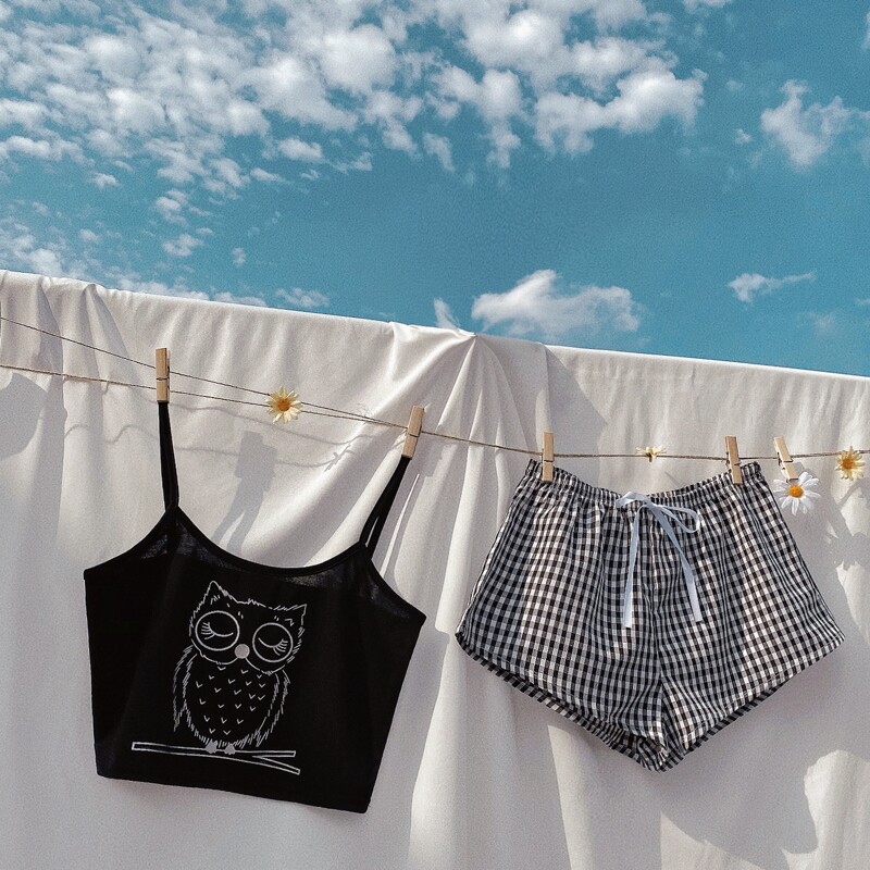 

Owl And Gingham Tie Front Cami PJ Set, Black