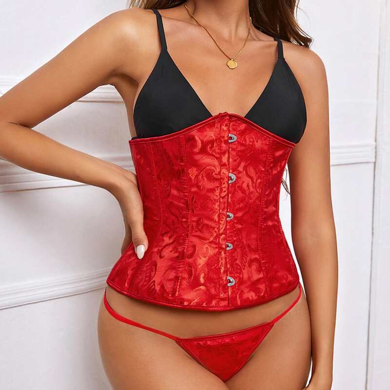 

Baroque Print Lace-up Back Corset With Thong, Red