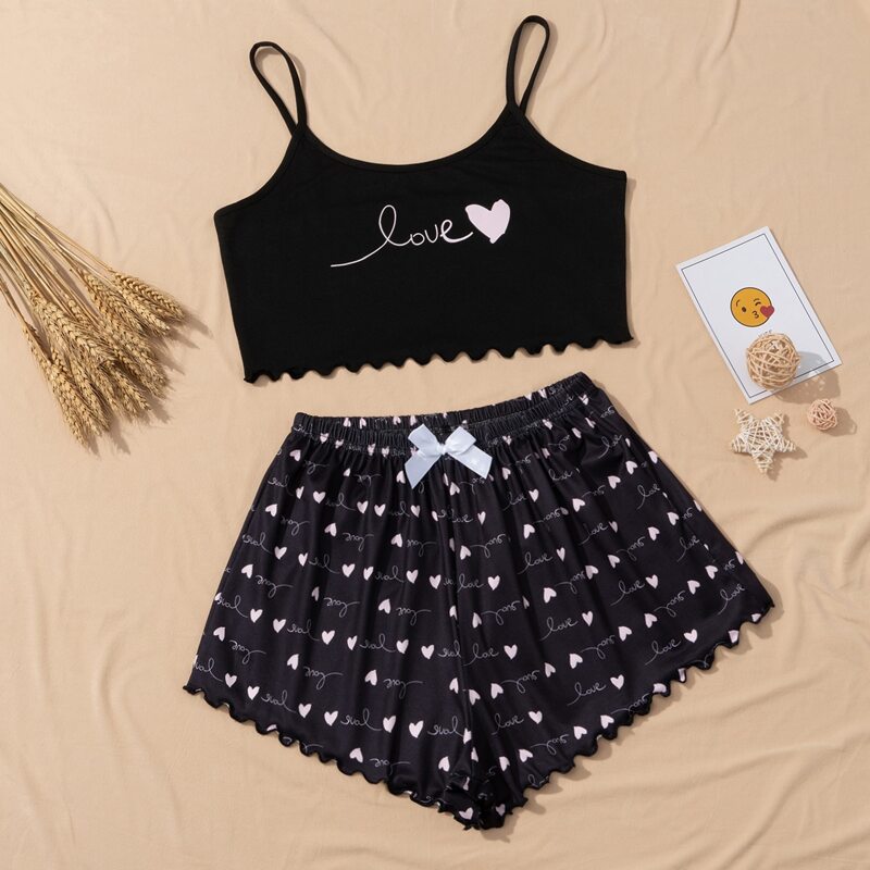 

Letter Graphic Cami & Heart Shorts Pajama Set, Black