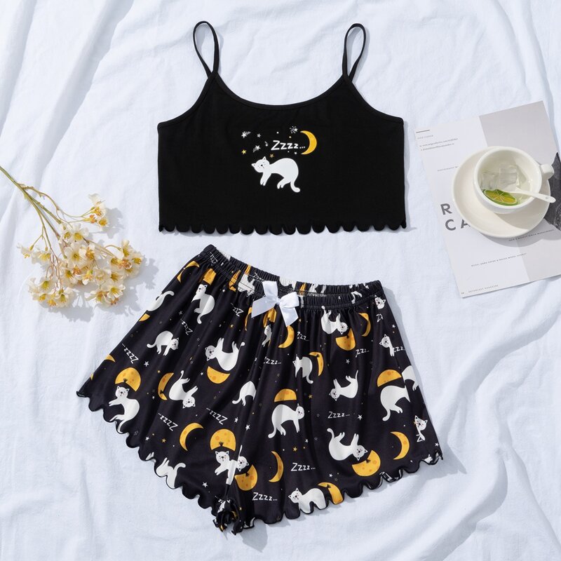 

Cartoon Graphic Scalloped Pajama Set, Black