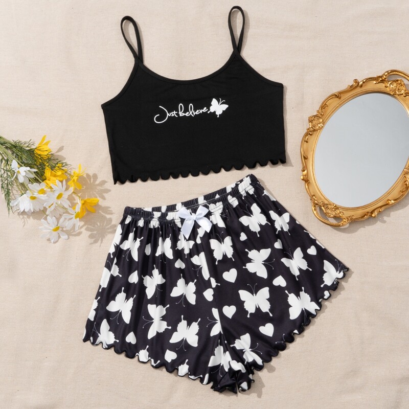

Letter & Cartoon Graphic Pajama Set, Black