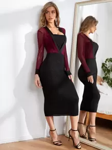 Vestido ajustado panel con malla de cuello cuadrado brillante - Multicolor - Ver 1