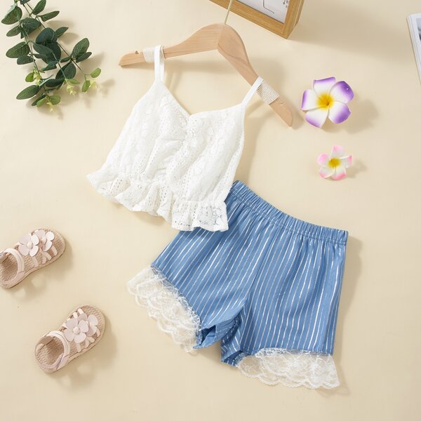 

Toddler Girls Lace Ruched Peplum Cami Top With Striped Shorts, Blue and white