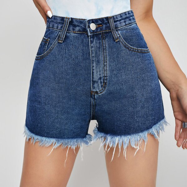 

High Waist Raw Hem Denim Shorts, Medium wash