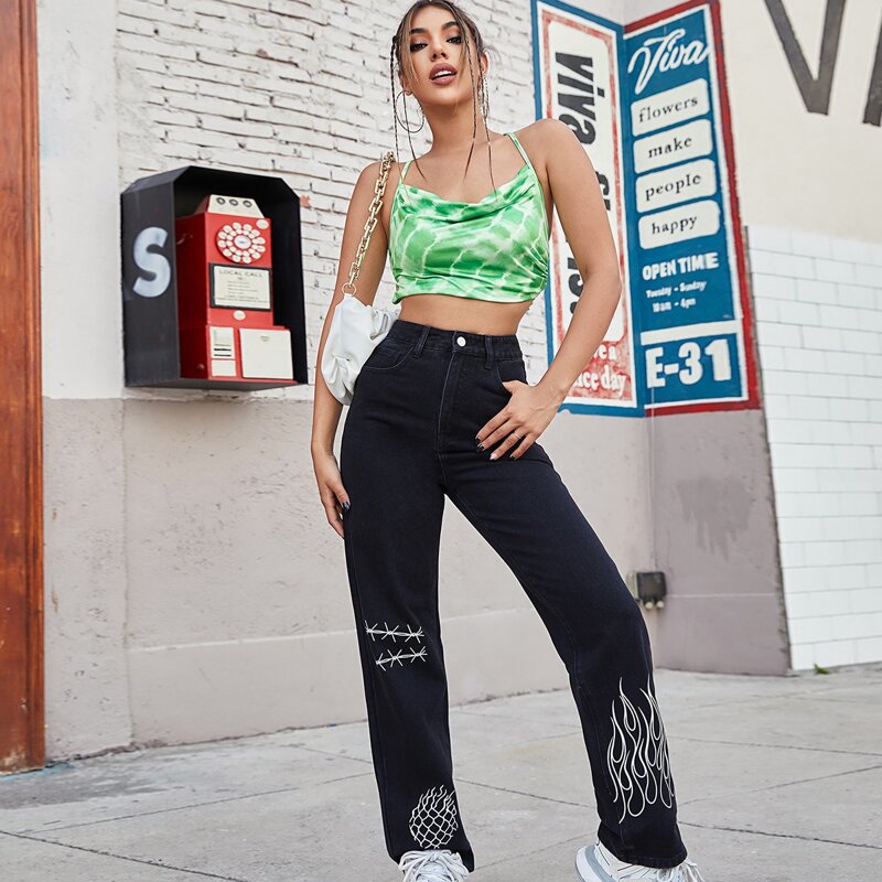 

High Waist Fire & Graphic Print Jeans, Black
