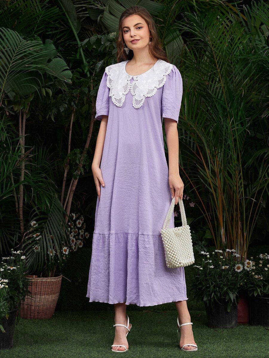 SHEIN Statement Collar Smock Dress - Lilac Purple - View 1