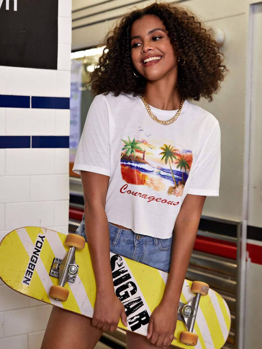 Camiseta Con Impresión De Letras Y Plantas - Blanco - Ver 1