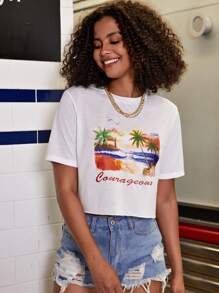 Camiseta Con Impresión De Letras Y Plantas - Blanco - Ver 4