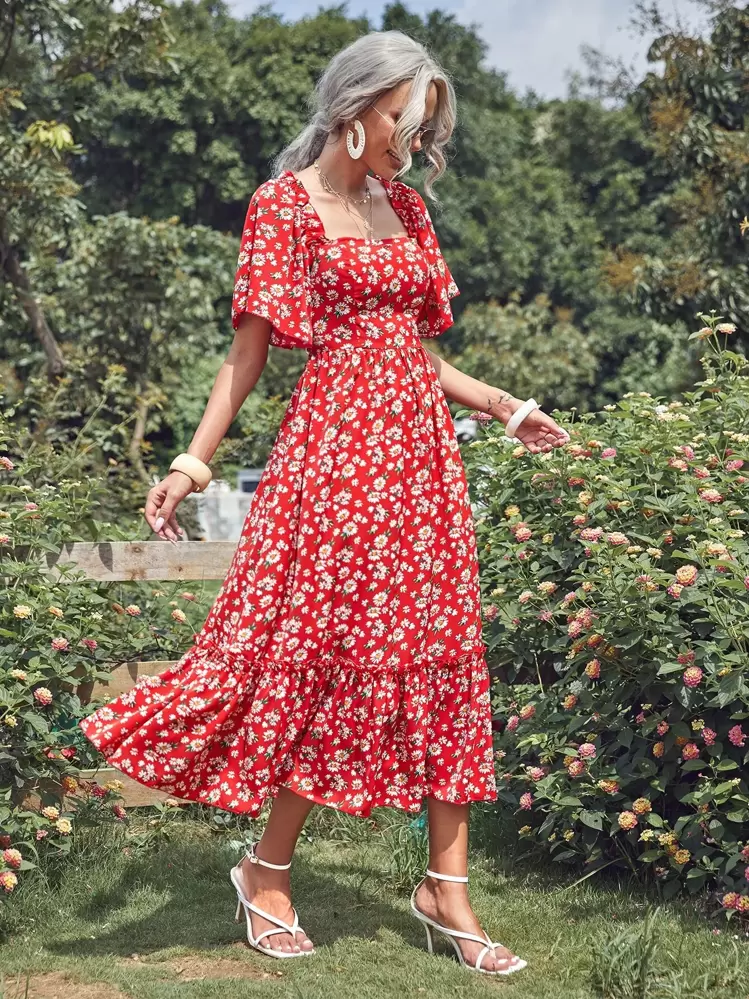 SHEIN Square Neck Butterfly Sleeve Floral Dress | SHEIN