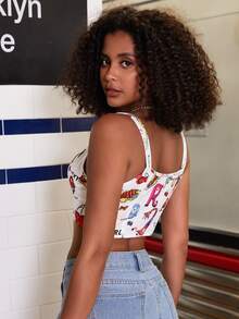 Camiseta Sin Mangas Gráfica Con Letras Y Personajes Animados - Blanco - Ver 2