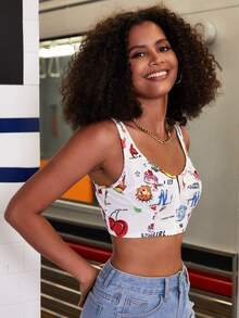 Camiseta Sin Mangas Gráfica Con Letras Y Personajes Animados - Blanco - Ver 3