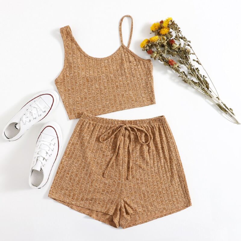 

Asymmetrical Neck Crop Top With Shorts Lounge Set, Mustard yellow